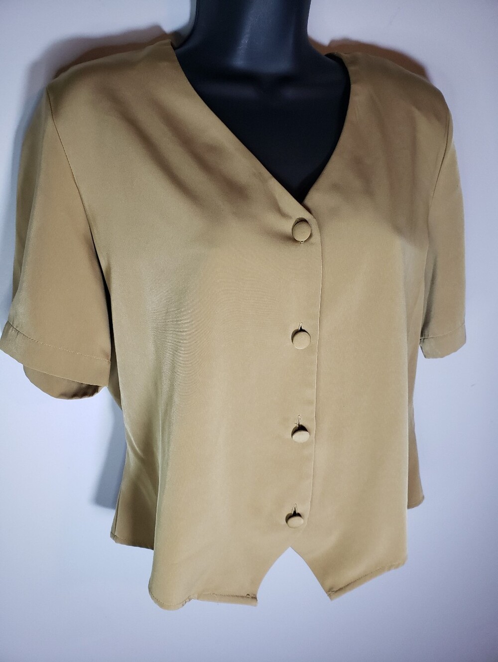 Sag Harbor Petite Blouse 12P Khaki Tan Button Up Short Sleeve Crop Vest Top - Picture 2 of 10